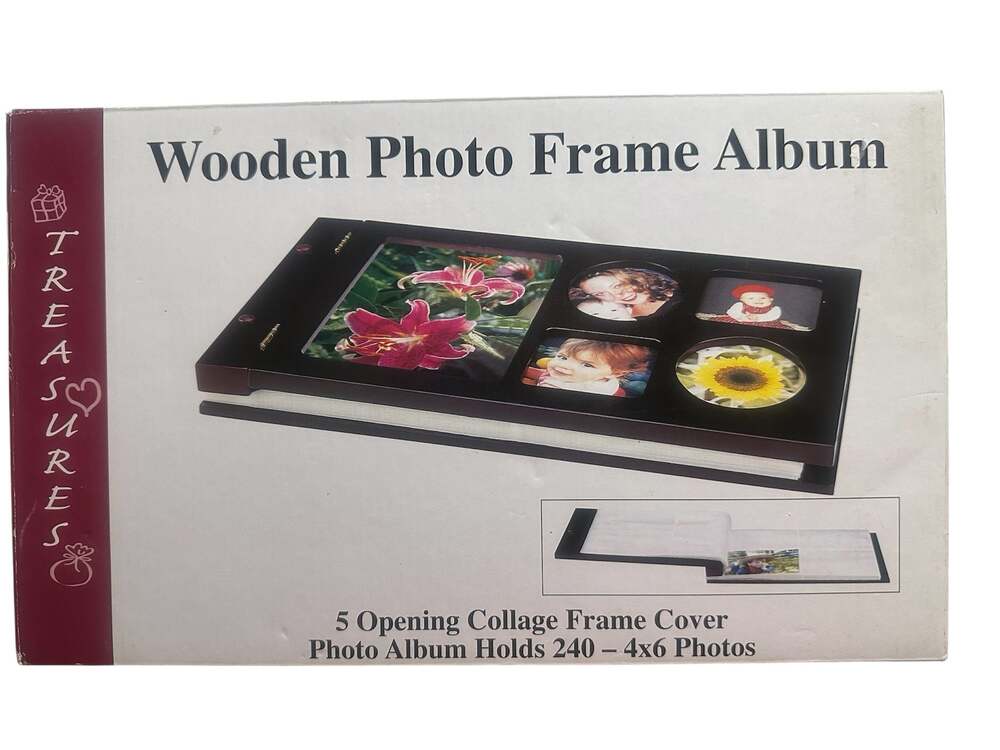 Treasures Wooden Photo Frame Album 5 Opening Collage Cover Holds 240 4x6 Photos